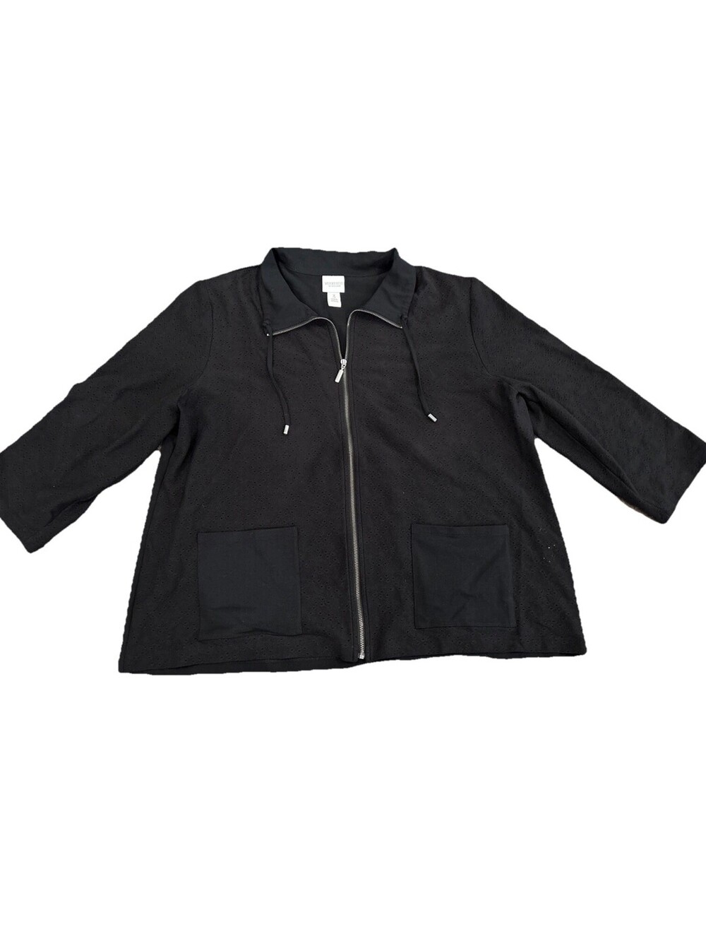 Chicos Weekend Size 3 (XL) Black Eyelet Jacket Zip Front 3/4 Sleeve Casual